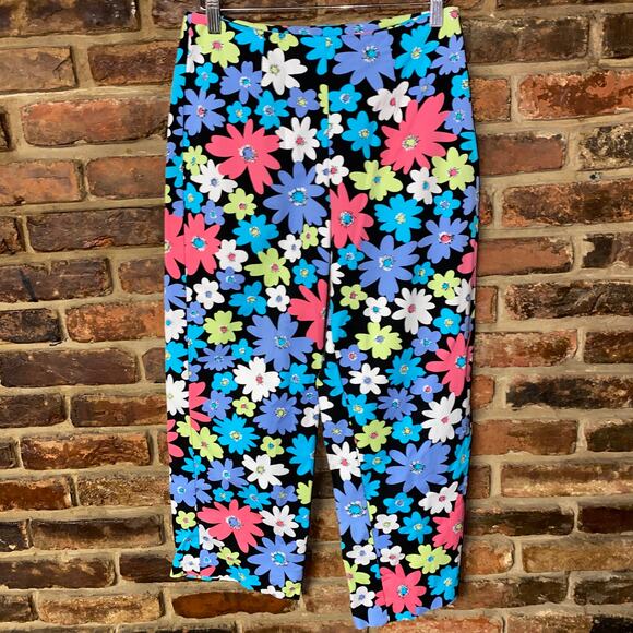Hanna Andersson Black Multicolor Neon Floral Cropped Capri Pants Women's Size 4 - Picture 1 of 5